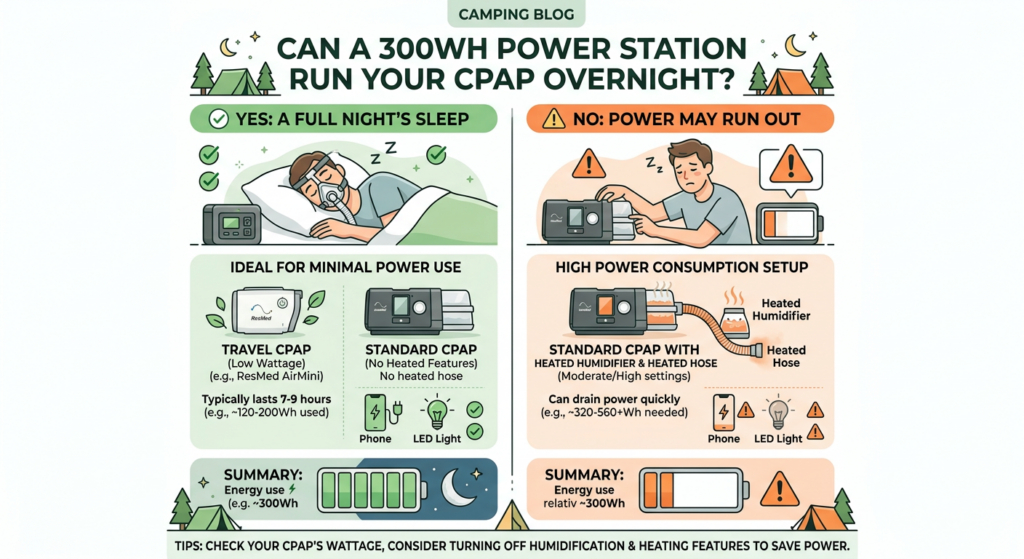 can a 300Wh power station run a CPAP overnight yes no chart