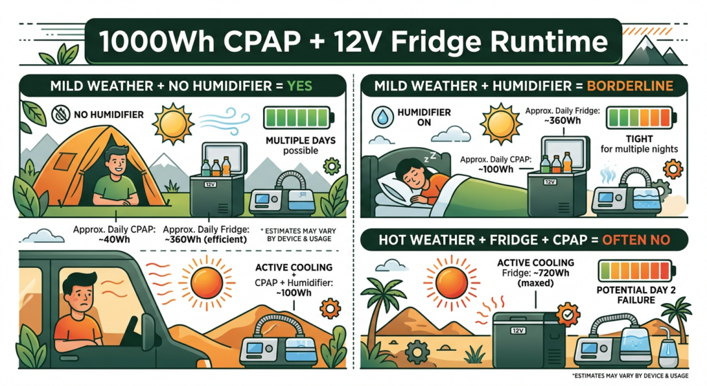can a 1000Wh power station run a CPAP and a 12V fridge DC vs AC efficiency