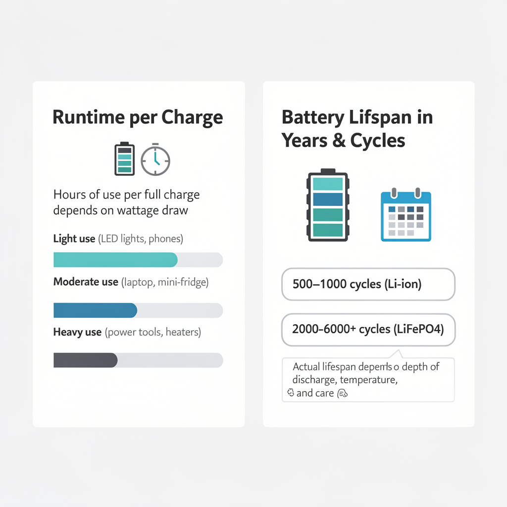 how long do portable power stations last infographic showing runtime per charge and battery lifespan in years and charge cycles