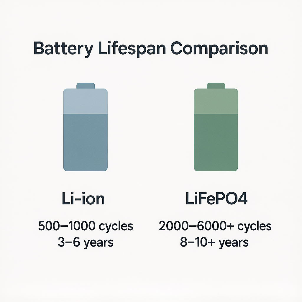 comparison chart of portable power station lifespan showing Li-ion with 500 to 1000 cycles and LiFePO4 with 2000 to 6000 plus cycles