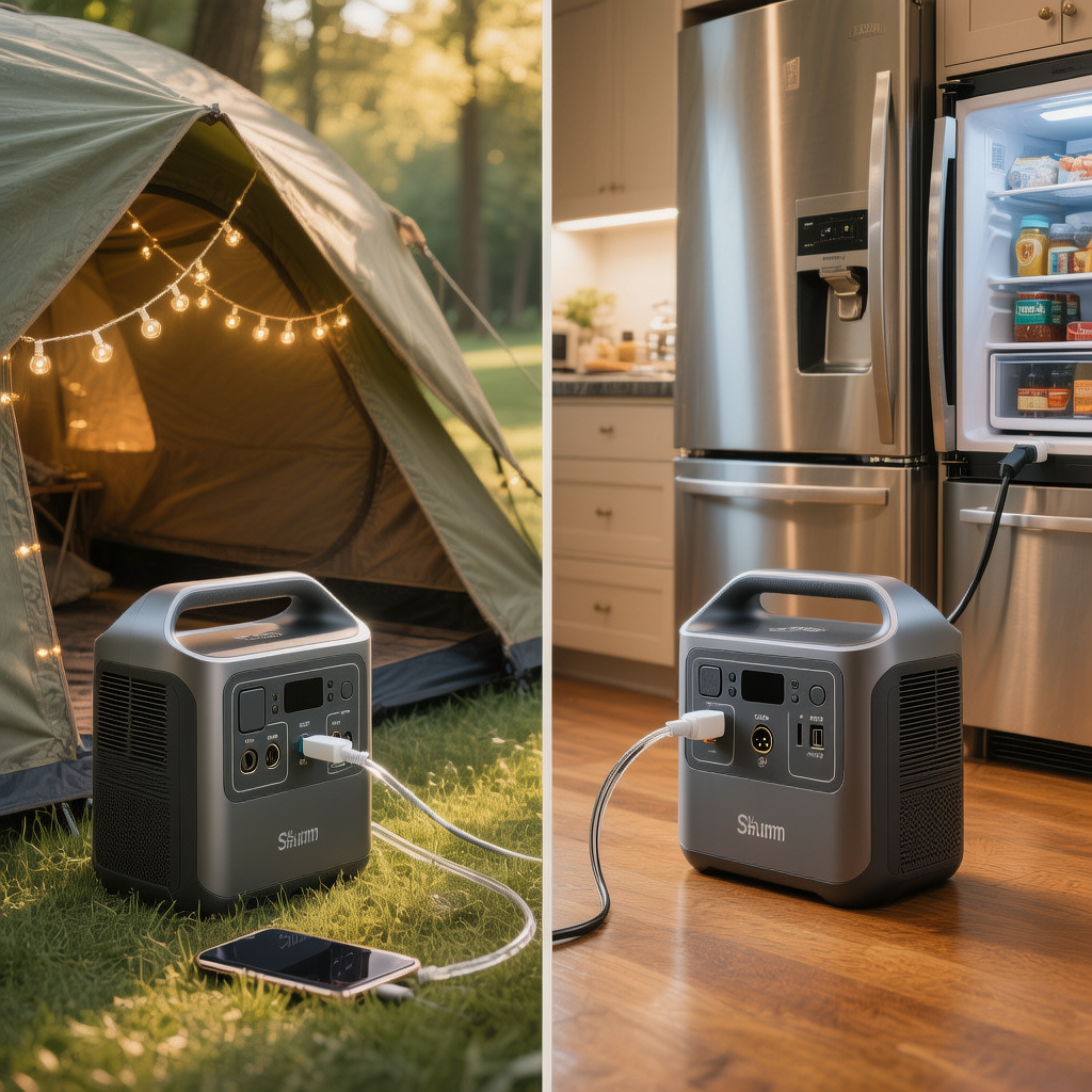 portable power station used for camping and home backup showing phones and lights charging outside and a refrigerator powered indoors