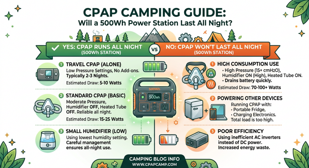 can a 500Wh power station run a CPAP all night yes no chart