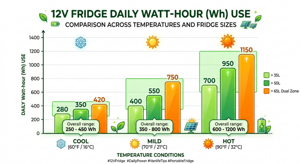 how many Wh does a 12v fridge use per day chart by temperature and size