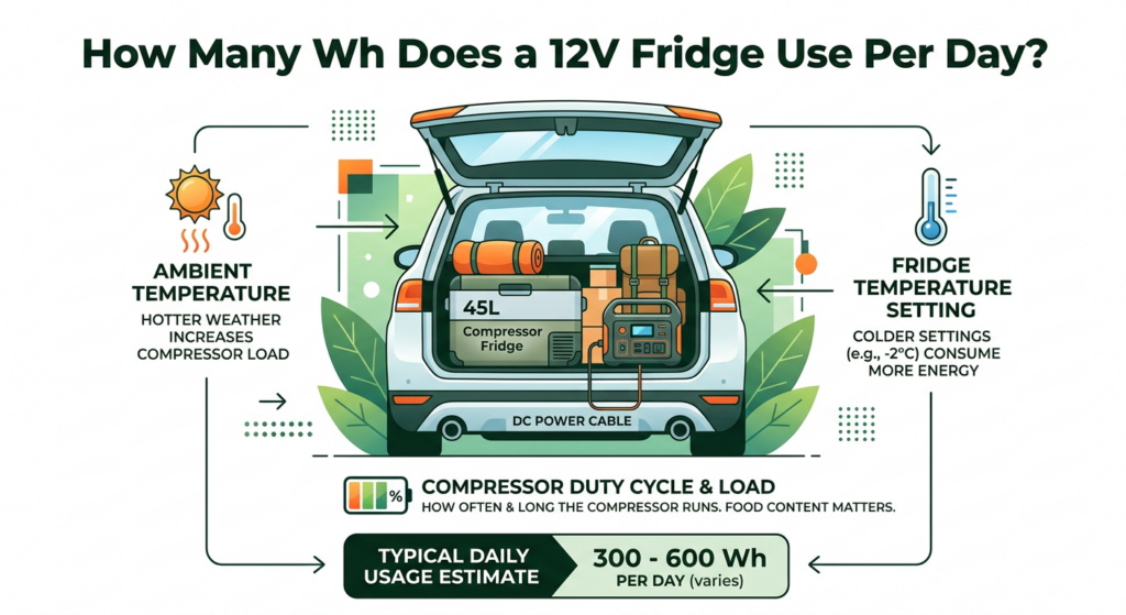 how many Wh does a 12v fridge use per day - portable fridge power test setup