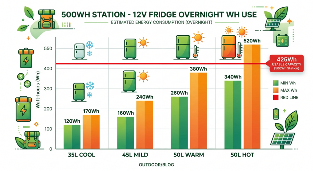 500Wh power station 12V fridge overnight runtime chart by temperature