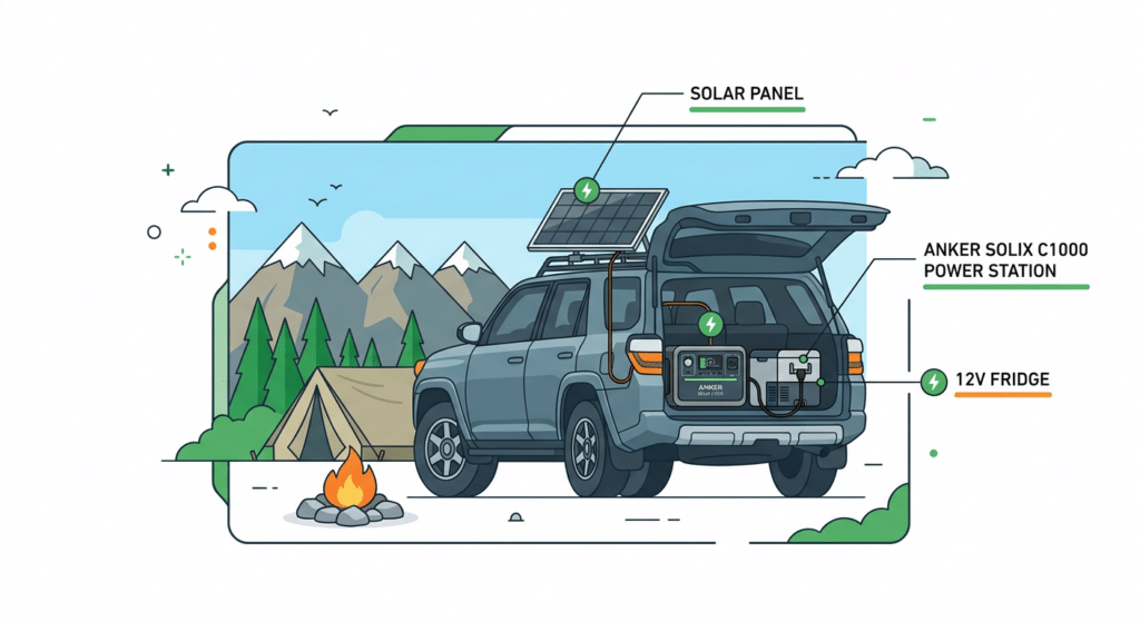 anker solix c1000 suv camping - Hero image showing C1000 with SUV and fridge