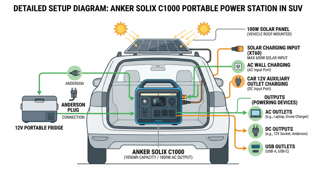 Complete Anker SOLIX C1000 SUV camping setup with 12V fridge, solar panel, and secure mounting