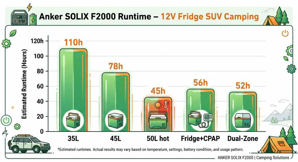 Anker F2000 fridge runtime chart SUV camping