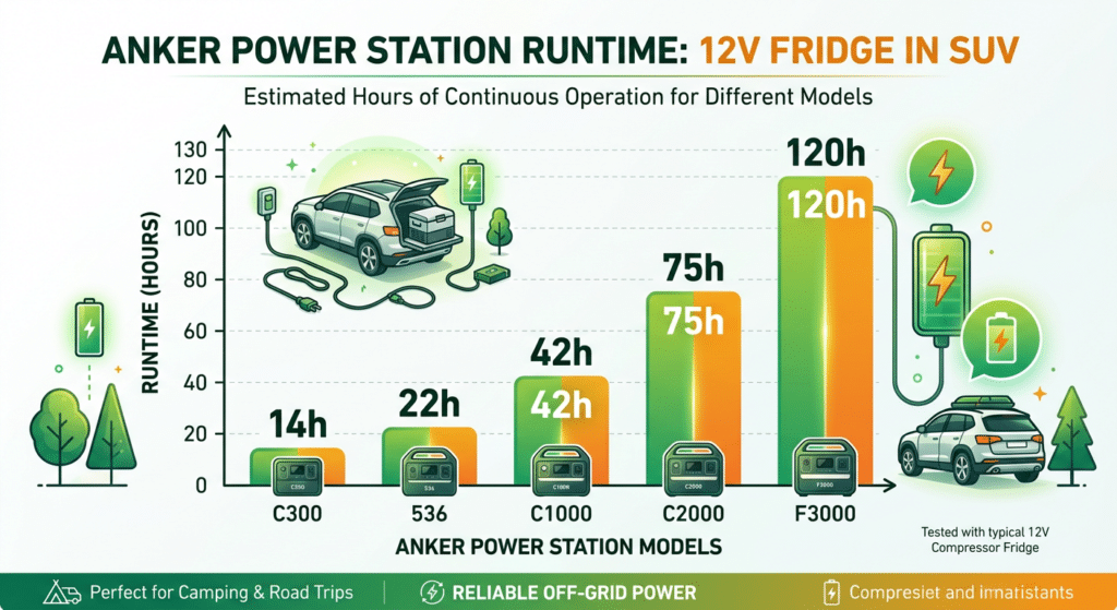 Anker SUV fridge runtime comparison chart