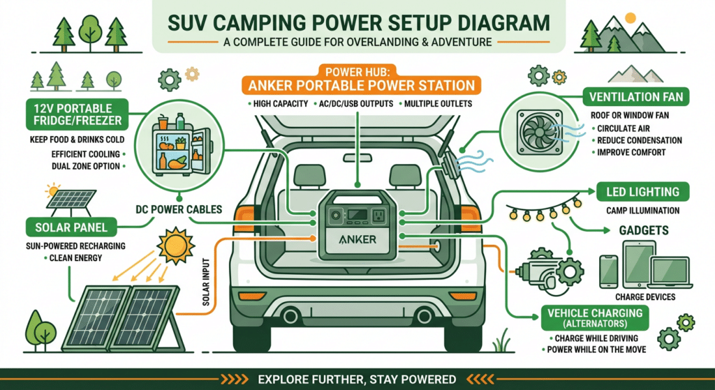 Anker SUV fridge camping power setup diagram