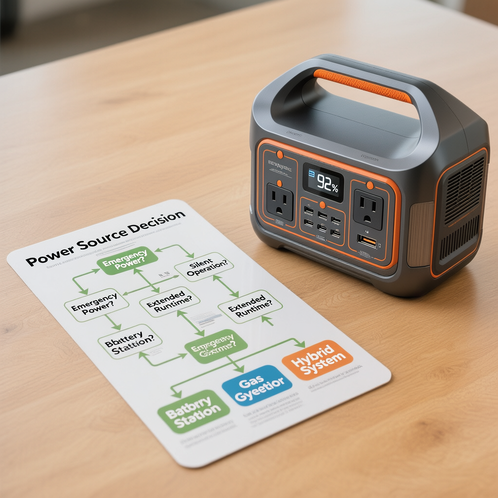 Decision tree card for choosing battery power, generator power, or a hybrid recharge plan during outages