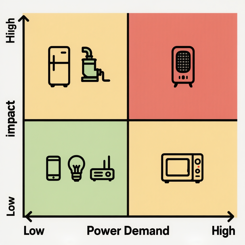 Risk matrix for blackout loads: high impact vs high power, showing lights/phone/router as first and heater/microwave as last