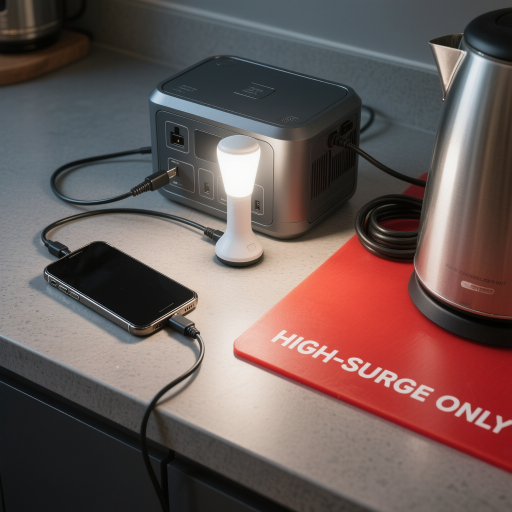 Safer blackout power layout with short cords, no stacked adapters, DC lighting first, and a separate high-surge zone for fridge/pump testing