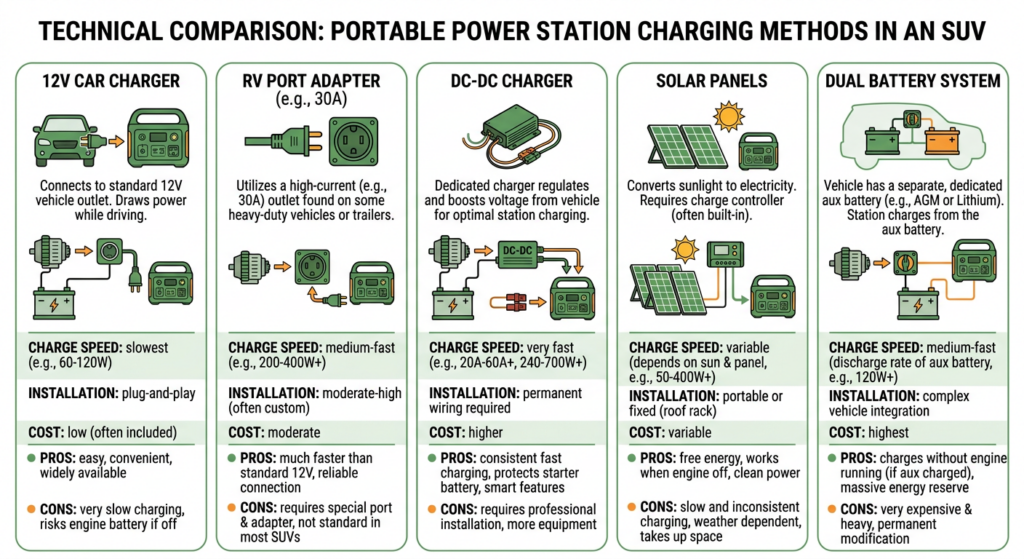 Technical diagram of all 5 methods for charging a portable power station while driving an su