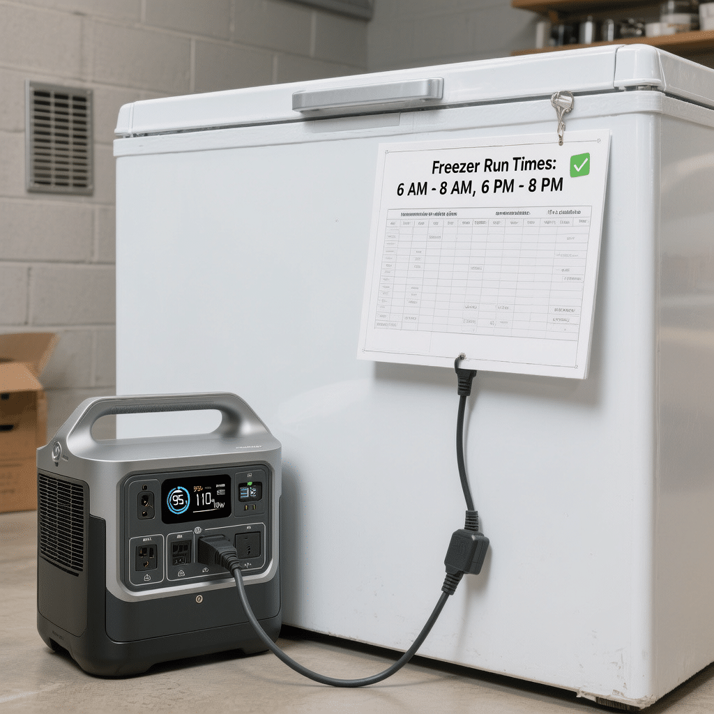 Efficient timed-run setup for a chest freezer on portable power with direct plug connection and a simple schedule card