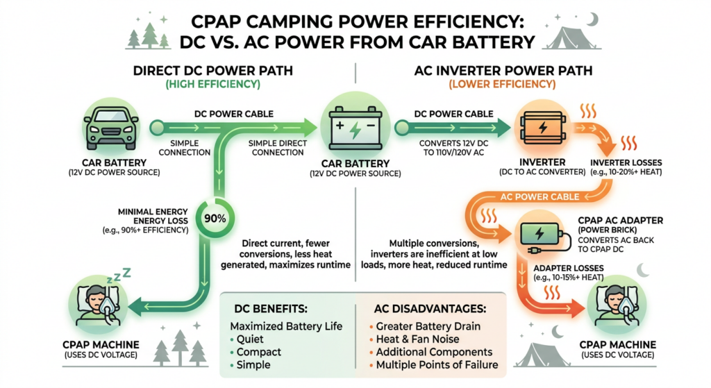 can you run a CPAP from a car battery overnight DC vs AC efficiency