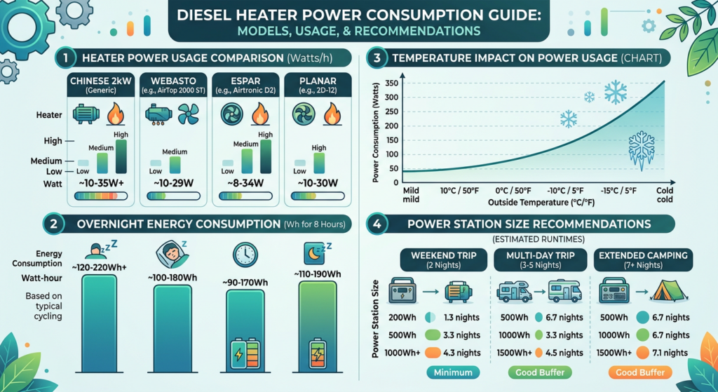 Diesel heater power consumption infographic