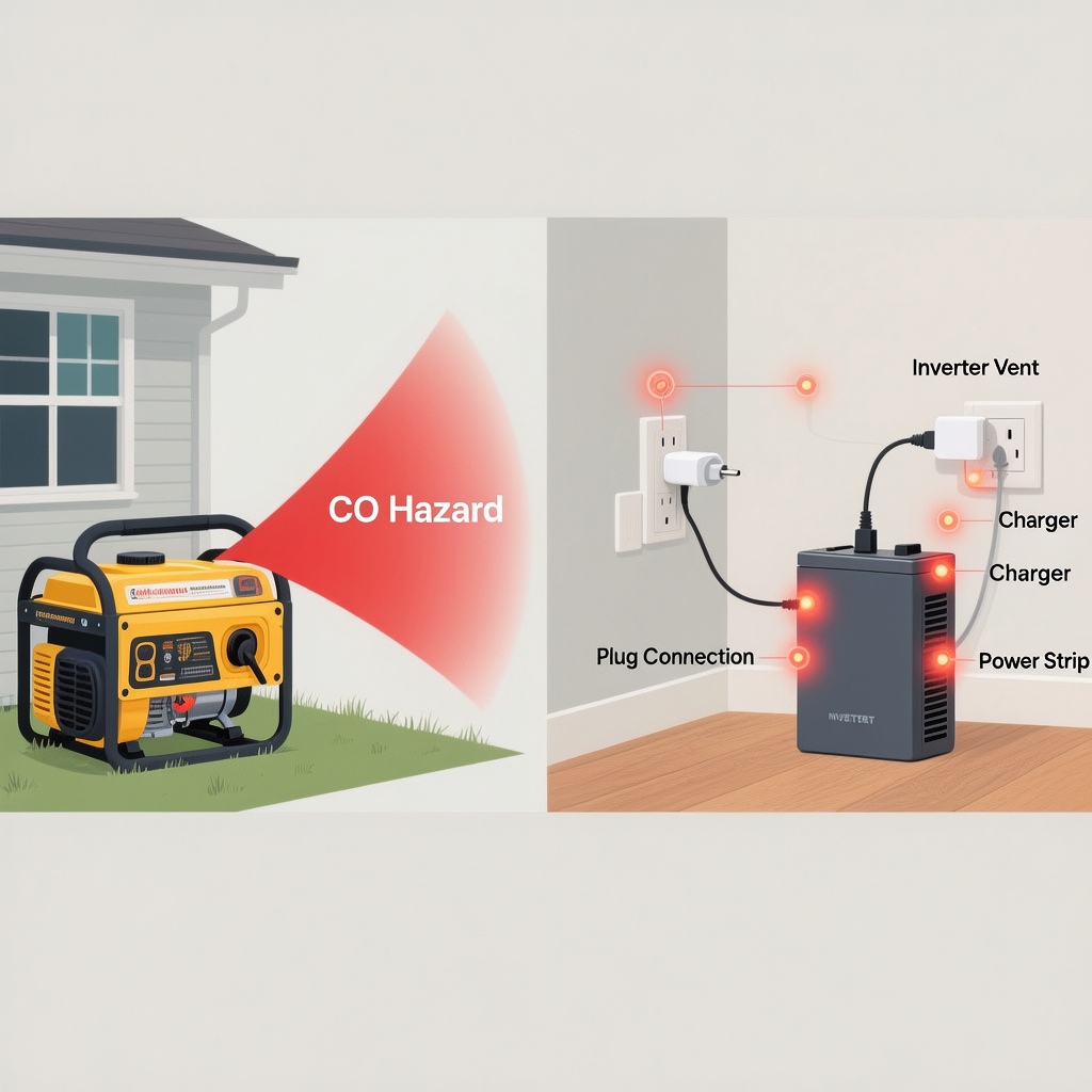 Diagram showing generator CO hazard zone outdoors and battery backup heat/cord hazard zone indoors with plugs, strips, and vents highlighted