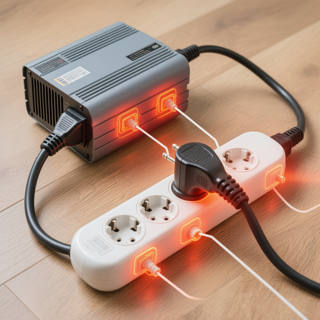 Heat hot spots during overload events: plug ends, power strip sockets, extension cord ends, inverter vents