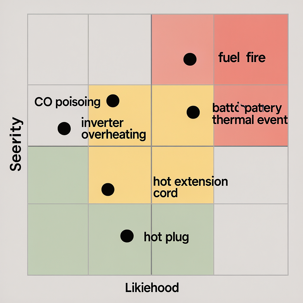 Risk matrix for blackout power: likelihood vs severity for CO, fuel fire, hot cords, inverter heat