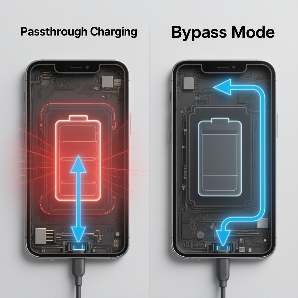 Diagram showing why you should not leave portable power station plugged in without bypass mode