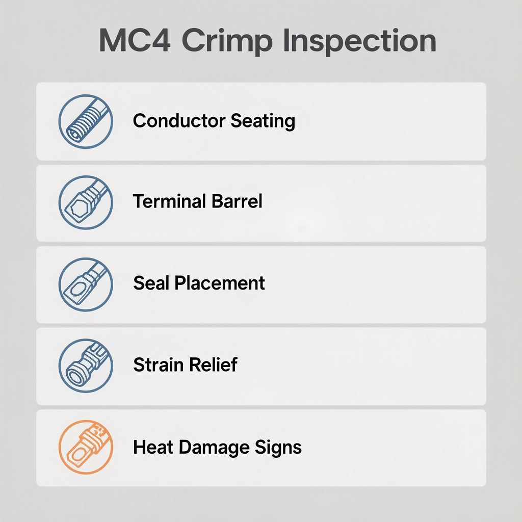 MC4 crimp inspection checklist showing terminal seating, strain relief, seal position, and overheating warning signs