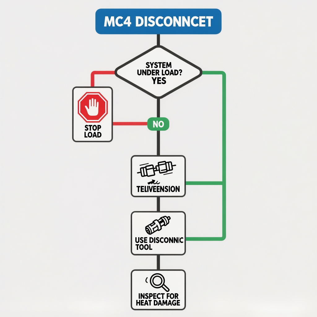 MC4 disconnect decision tree showing de-load first, tension relief, latch release, and replacement triggers