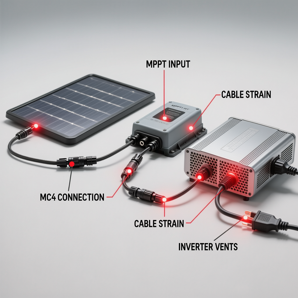 Heat risk points in a portable solar charging setup: MC4 pair, cable strain, MPPT input, inverter heat, and cord ends