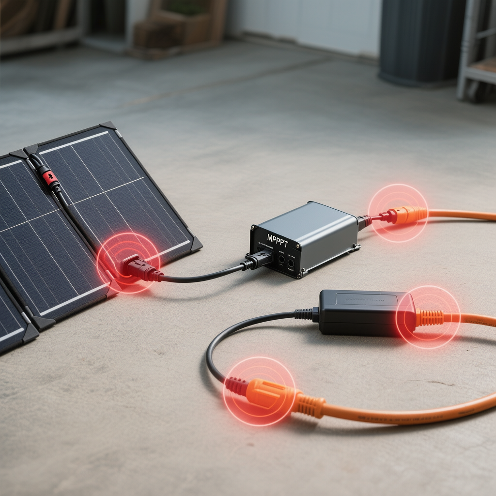 Heat risk points during solar charging and troubleshooting: MC4 seam, cable strain, MPPT input, charger brick, and cord ends