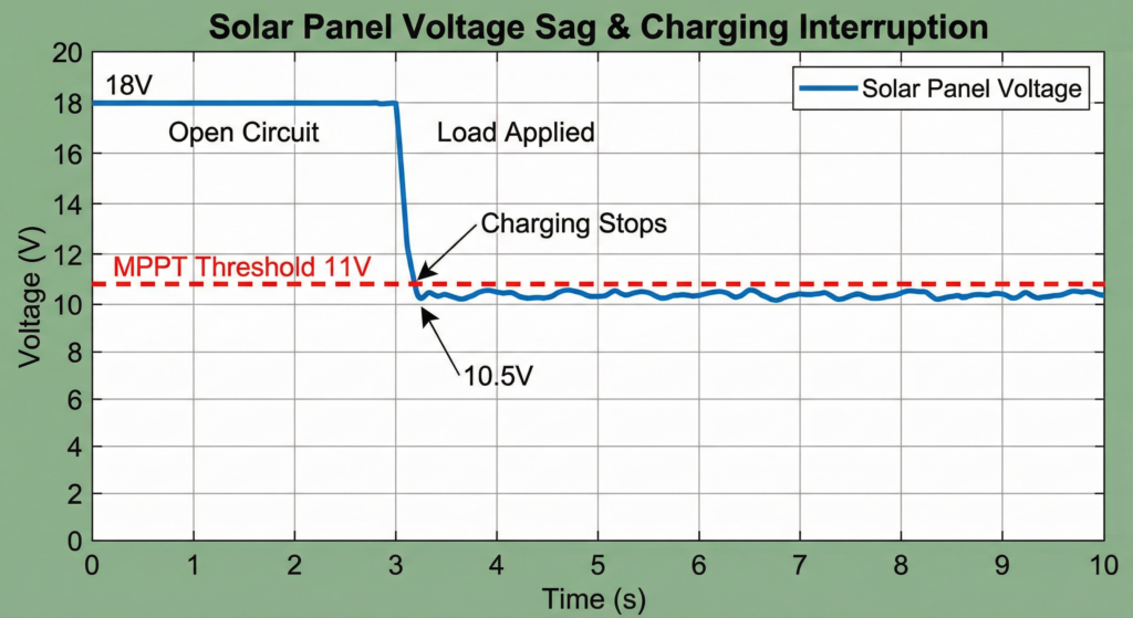 Chart showing solar panel voltage drop under load causing power station solar input voltage too low error