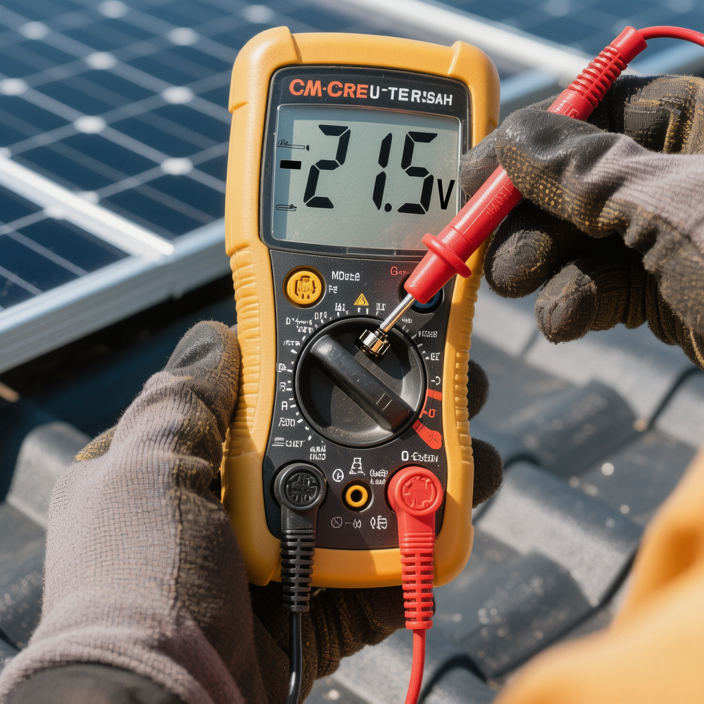 Technician using multimeter to check solar panel MC4 polarity for solar input 0 watts fix