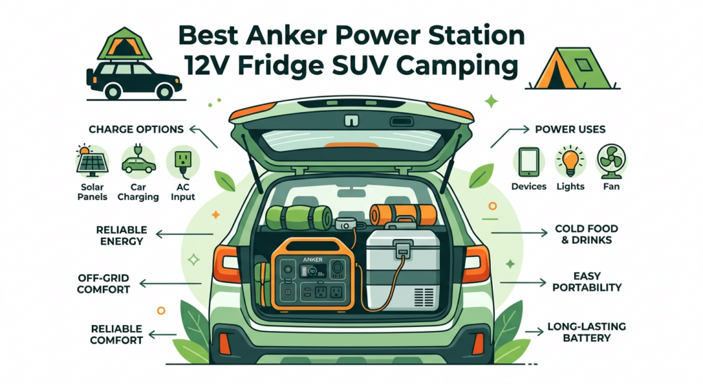 best anker power station 12v fridge suv camping - Anker SOLIX SUV fridge setup