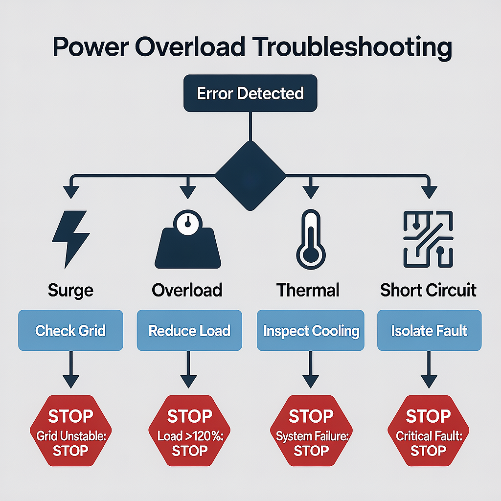 Decision tree for overload errors: surge vs continuous vs thermal vs short, with STOP triggers