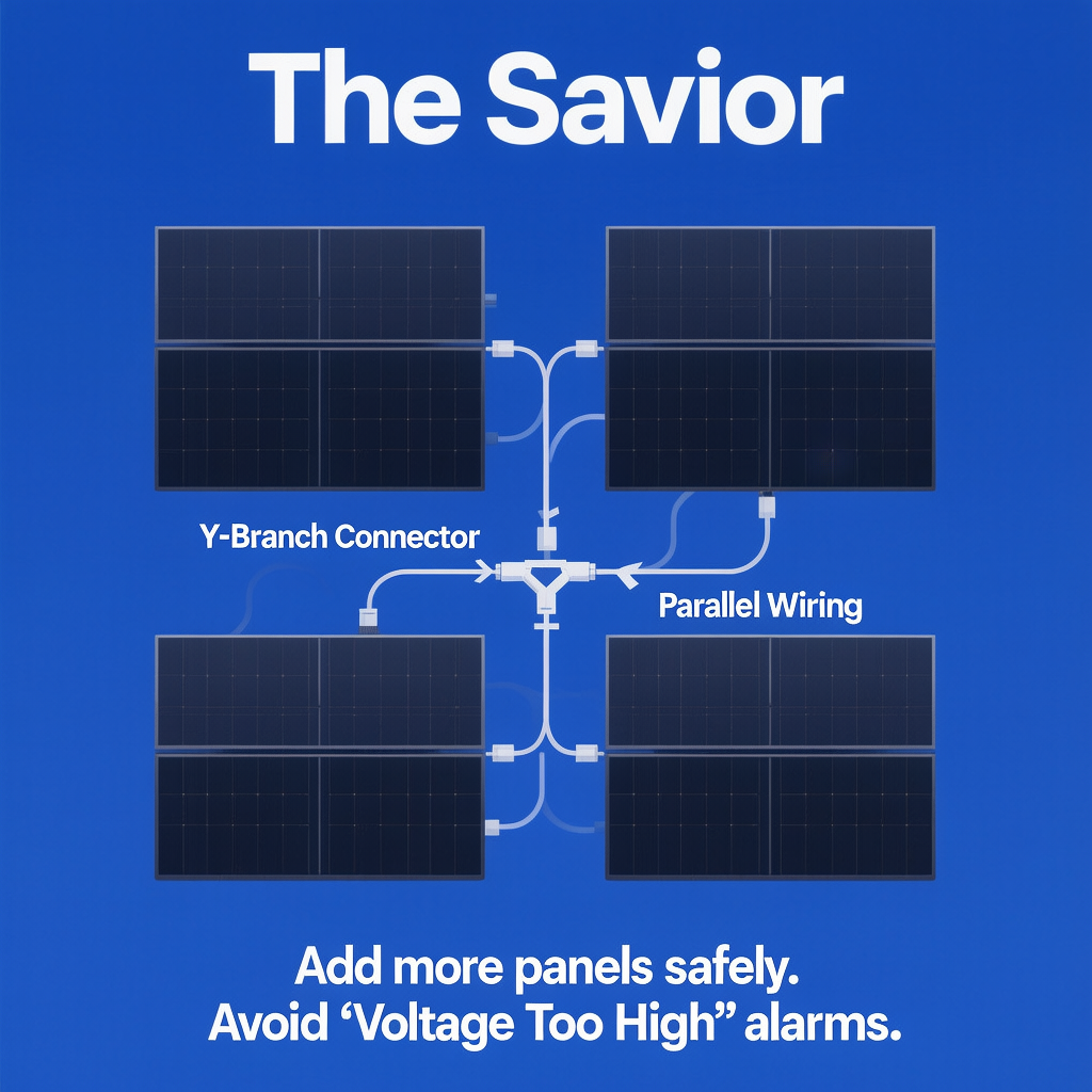 Y-Branch solar parallel connectors used to lower voltage and prevent power station solar input voltage too high.