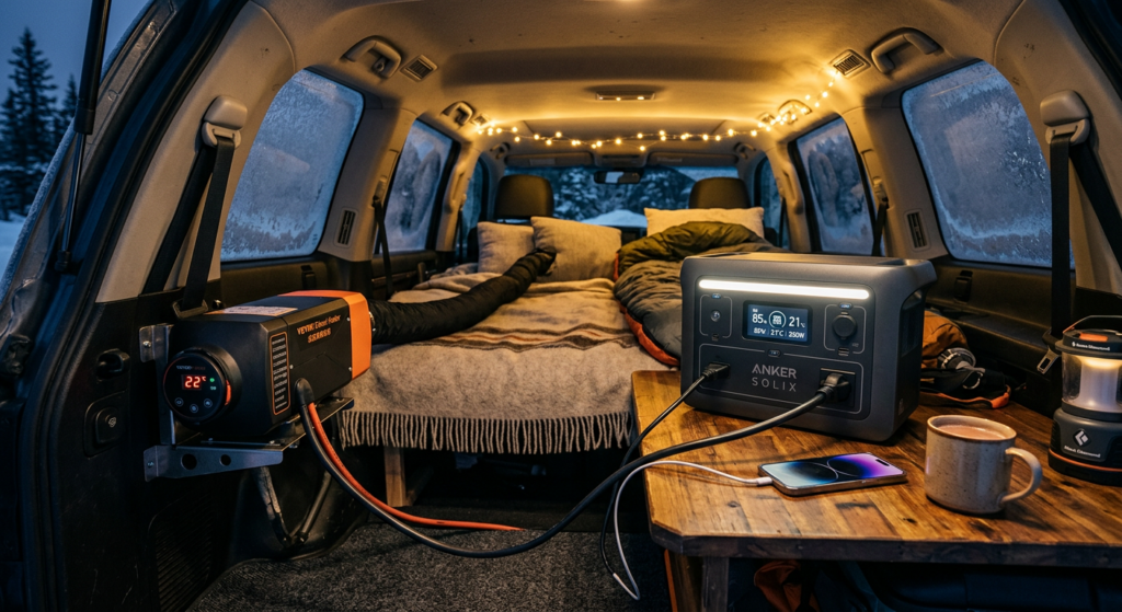 Diesel heater connected to portable power station in SUV
