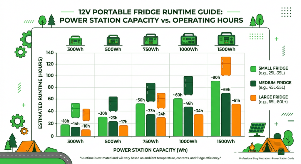 Power station size comparison chart for SUV camping - Data visualization of capacity vs runtime