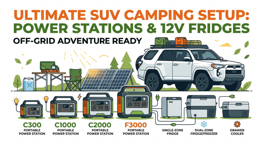 what size power station do i need for suv camping - Hero image showing different power station sizes with SUV