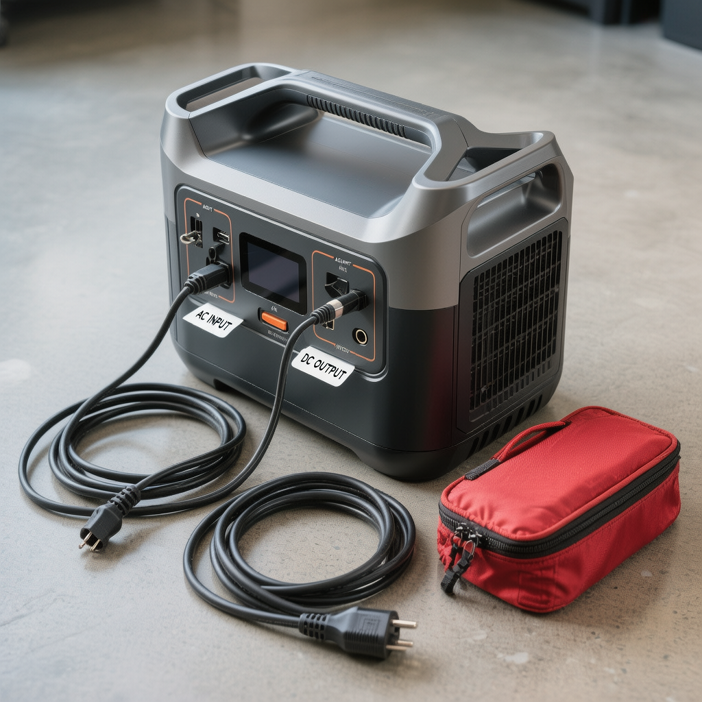 Safe storage setup for a portable power station: hard surface, vent clearance, labeled cables, no clutter, no stacked adapters