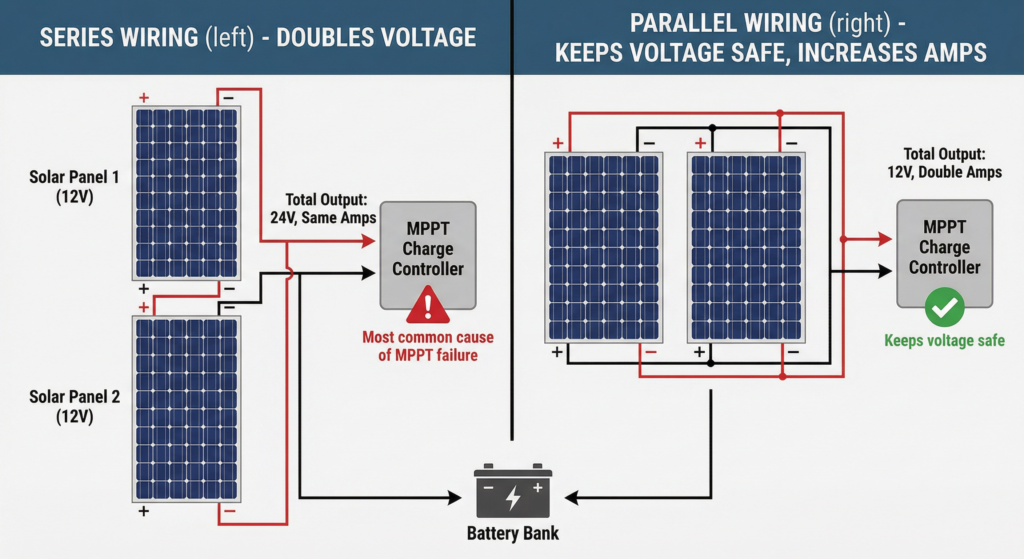 Diagram comparing Series wiring voltage increase vs Parallel wiring amperage increase to avoid power station solar input voltage too high.