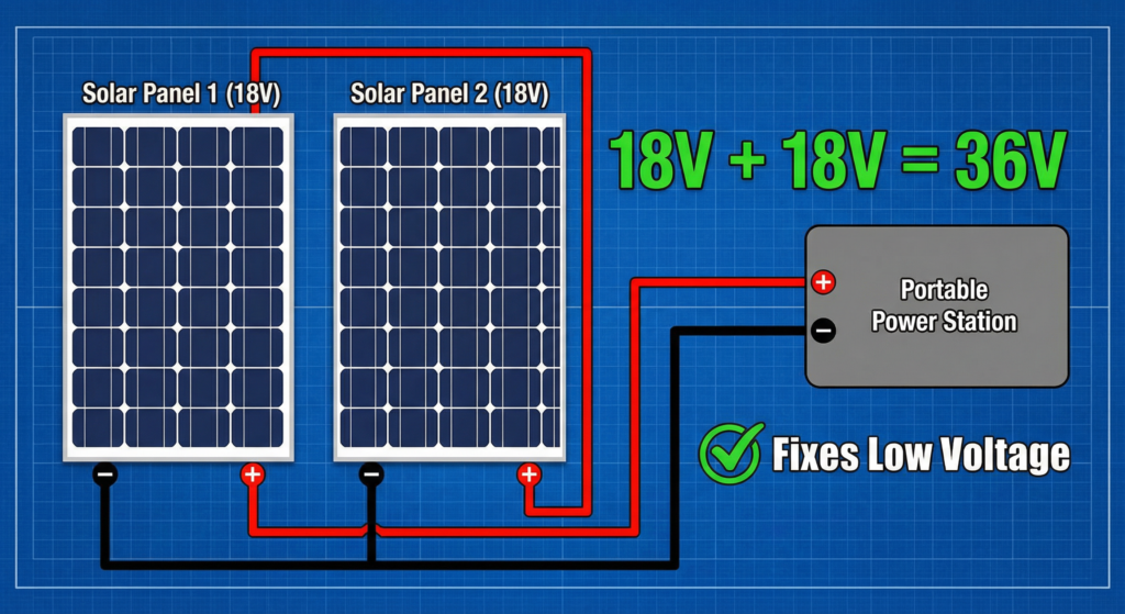 Wiring diagram of two solar panels in series to fix power station solar input voltage too low