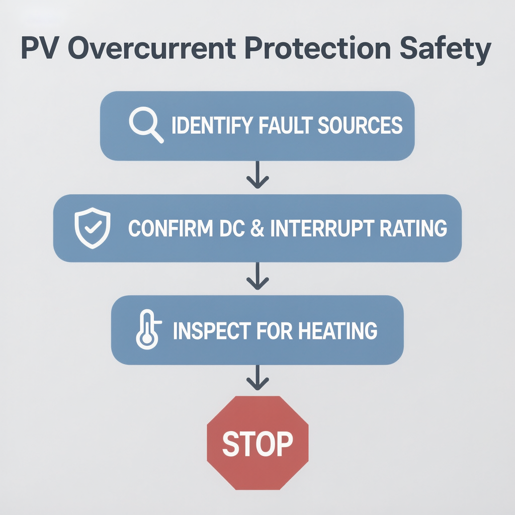 Decision tree for solar overcurrent protection: identify fault sources, verify DC ratings, and treat holder heat as failure