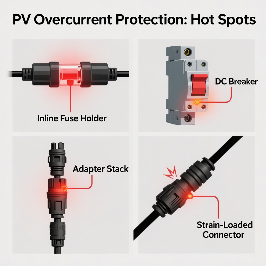PV overcurrent protection hot spots: inline holders, breaker bodies, adapter stacks, and strain-loaded connectors