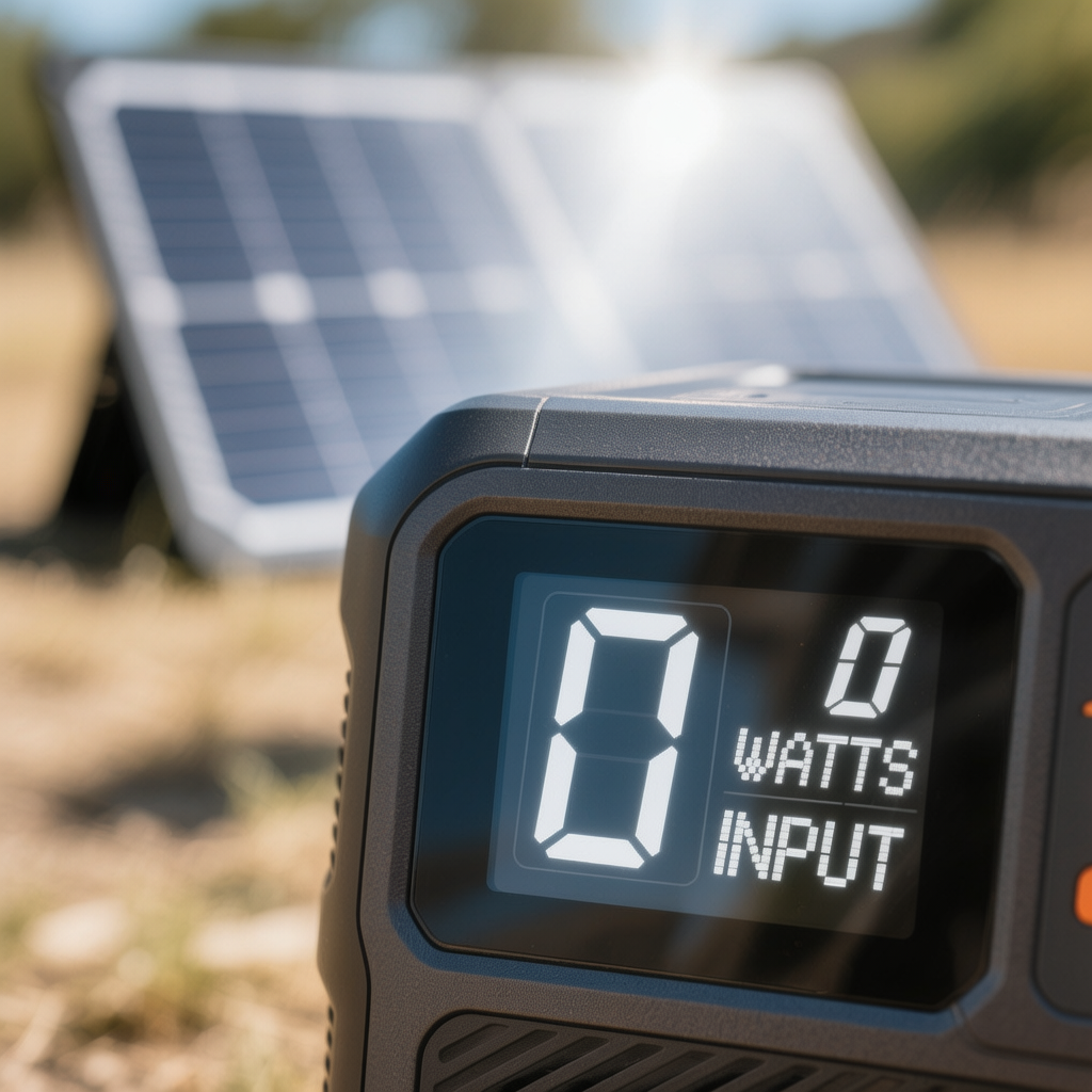 Close up of portable power station display showing 0 Watts input with solar panels in background