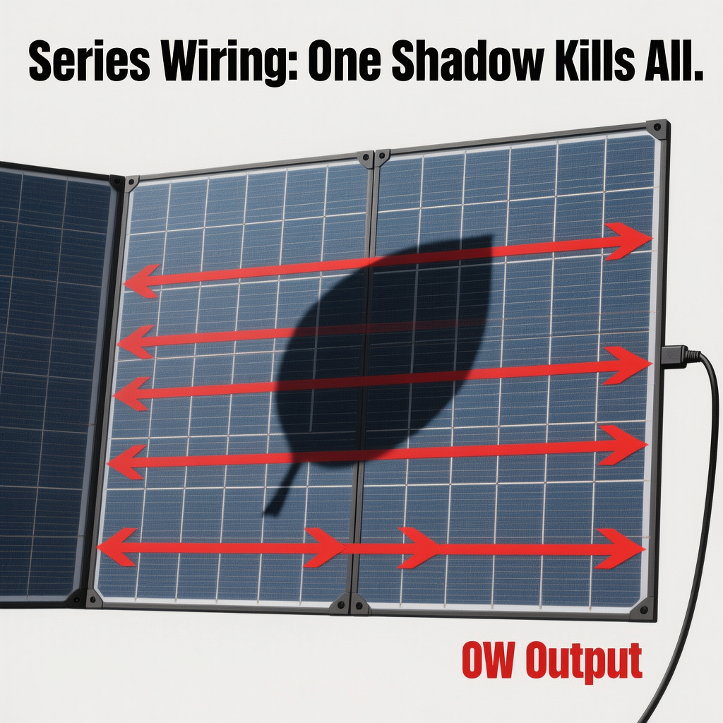 Diagram showing how partial shading blocks energy flow in series solar cells causing 0w input