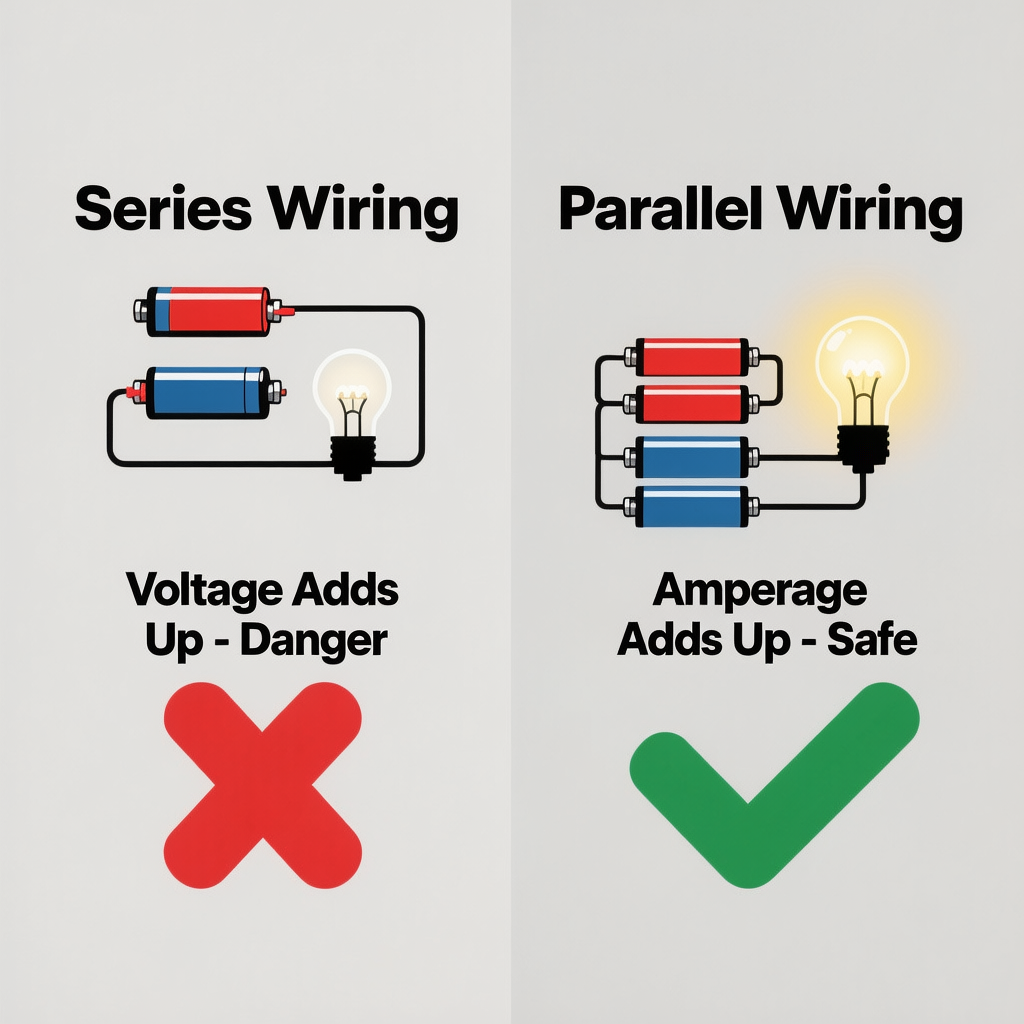 Diagram showing how series wiring increases voltage causing portable power station not charging solar errors