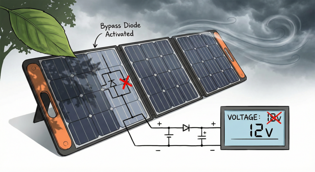 Illustration of partial shading activating bypass diodes and causing power station solar input voltage too low