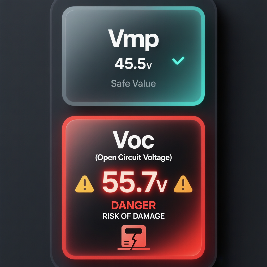 Solar panel specification label highlighting the Open Circuit Voltage Voc rating to prevent power station solar input voltage too high errors.