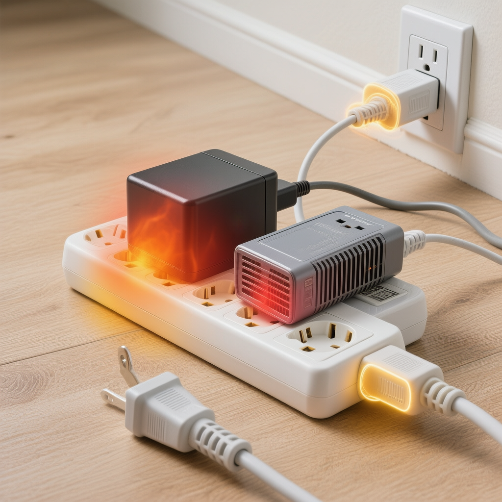 Common heat hot spots during charging and storage: charger brick, inverter vents, loose plug interface, power strip contacts, extension cord ends