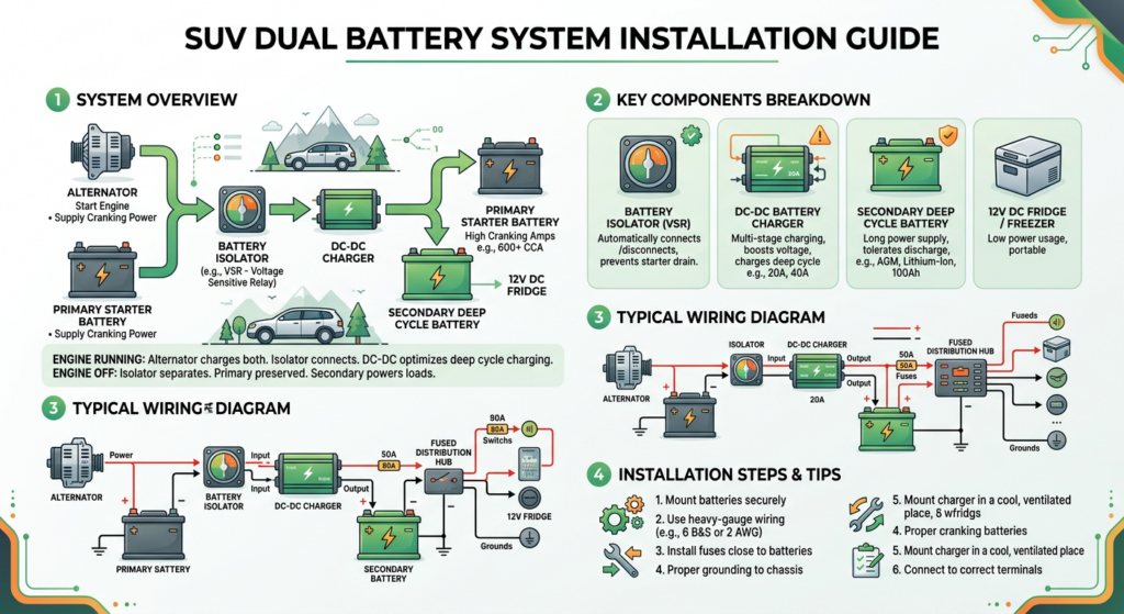 Complete wiring diagram for 12V fridge in SUV - Technical schematic of proper connection methods