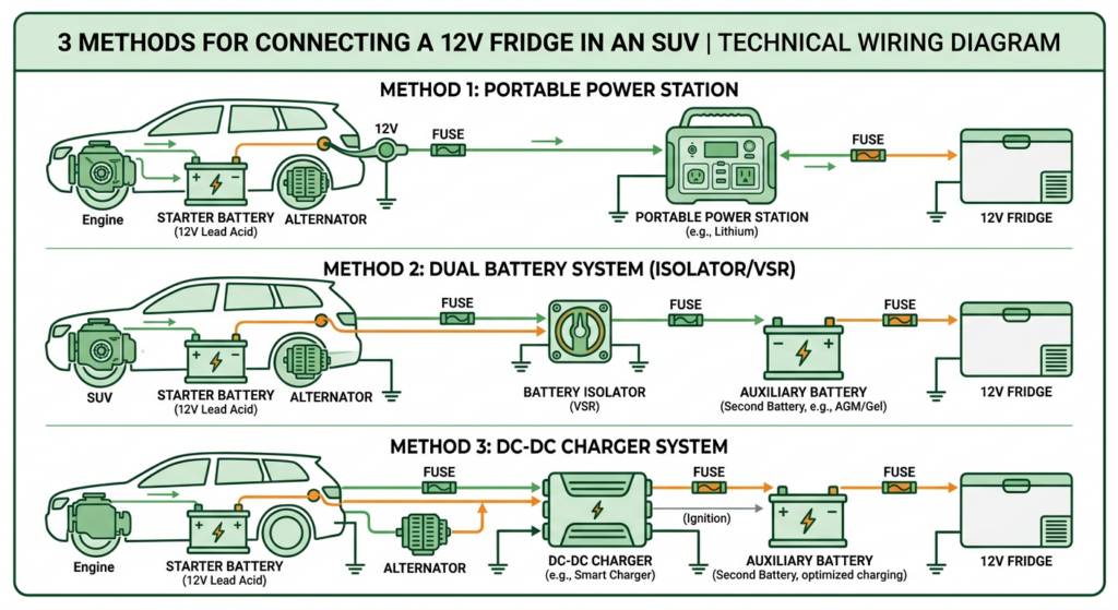 Complete wiring diagram for 12V fridge in SUV - Technical schematic of proper connection methods
